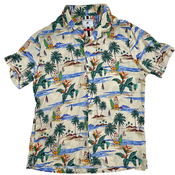 Denim & Flower Christmas Santa Surfing Beach Hawaiian Tropical Button Shirt Y L - Picture 1 of 3